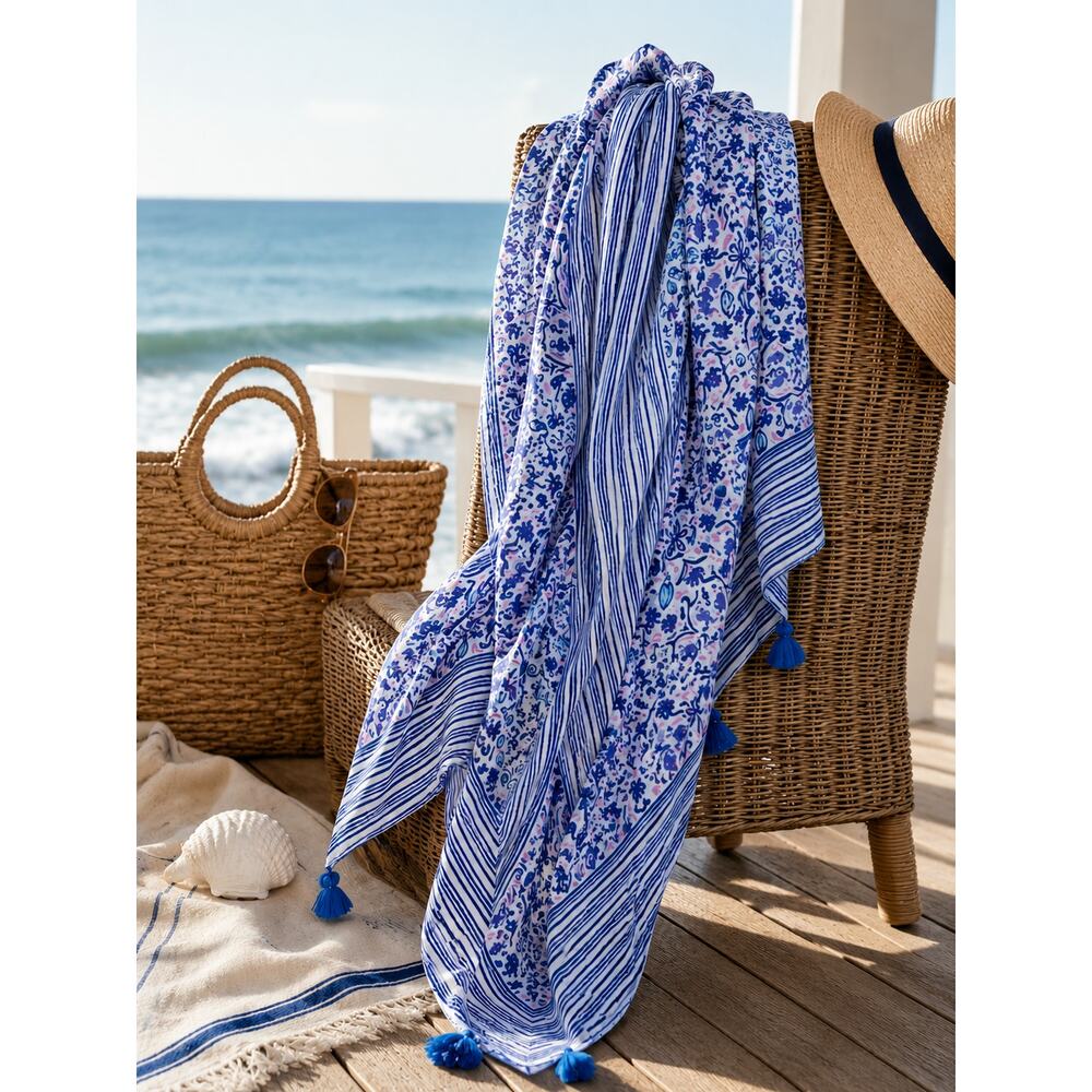 Vineyard Vines Seahorse Scarf Wrap Blue White Tassel NWT